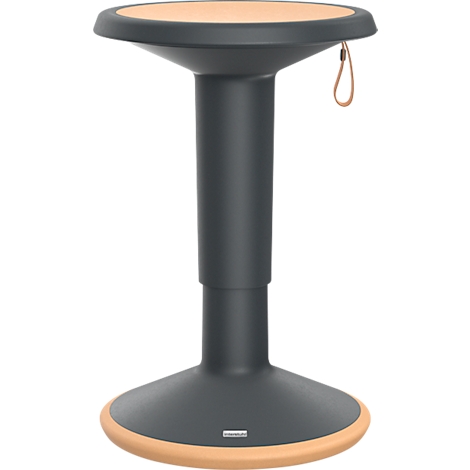 Tabouret anthracite avec assise et bord de pied beige. Une lanière en cuir sur le côté.