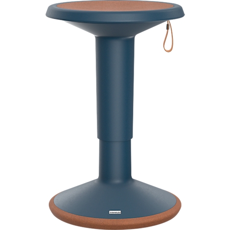 Tabouret bleu réglable en hauteur avec assise et base marron. Petite sangle pour le transport.