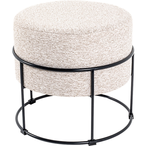 Tabouret rond rembourré avec revêtement en tissu gris clair et cadre en métal noir.