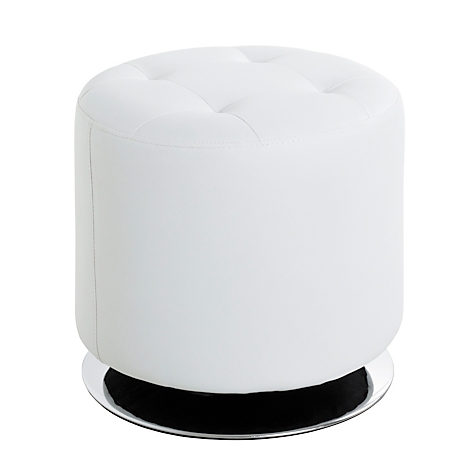 Pouf rond blanc avec motif de boutons, sur une base chromée.