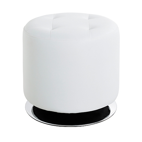 Tabouret rond blanc avec base chromée, 40 cm de haut et de diamètre. Assise pointillée.