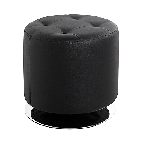 Tabouret rond noir, capitonné avec des boutons. Diamètre 40 cm, hauteur 40 cm. Socle en métal brillant.