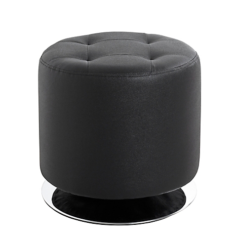 Pouf rond noir, rembourré avec capitonnage sur une base métallique brillante.