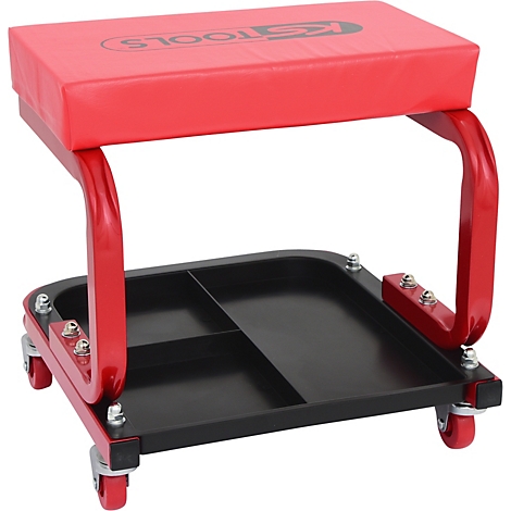 Tabouret d'atelier rouge avec plateau noir et roulettes. "KS TOOLS" est écrit sur le siège.
