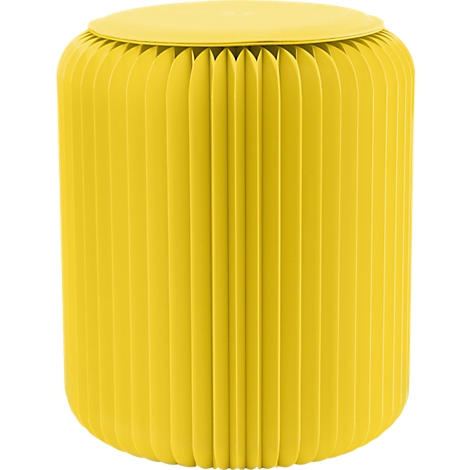 Tabouret jaune et nervuré, cylindrique avec une assise ronde.