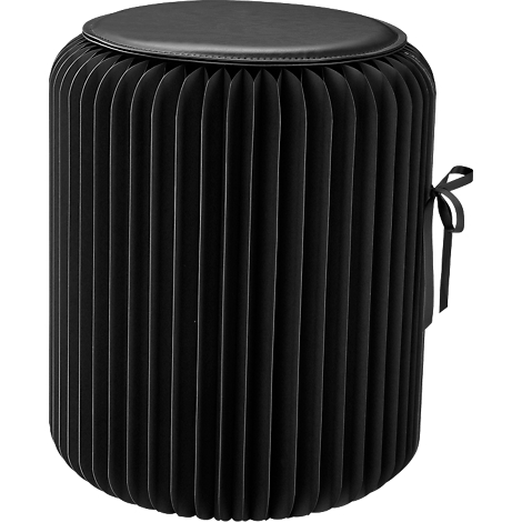 Tabouret rond noir en matériau plié avec un dessus en similicuir et un nœud.