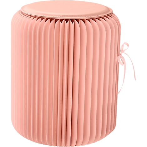 Tabouret rond rose clair avec côtés pliés et un coussin. Noeud sur le côté.