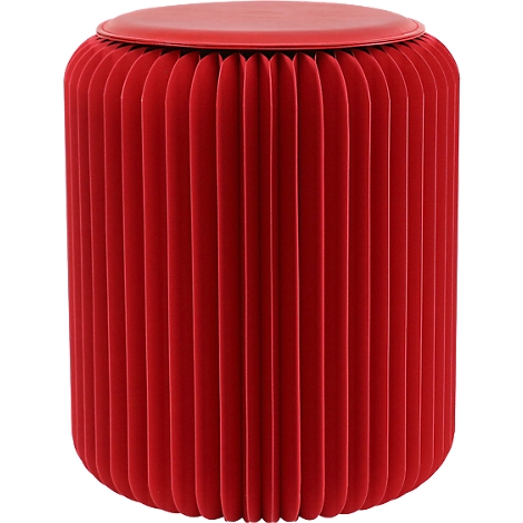Tabouret rond rouge. Dessus et structure en accordéon de la même couleur rouge.