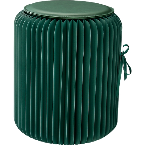 Un tabouret rond vert avec des côtés plissés et une assise verte. Un nœud est attaché sur le côté.