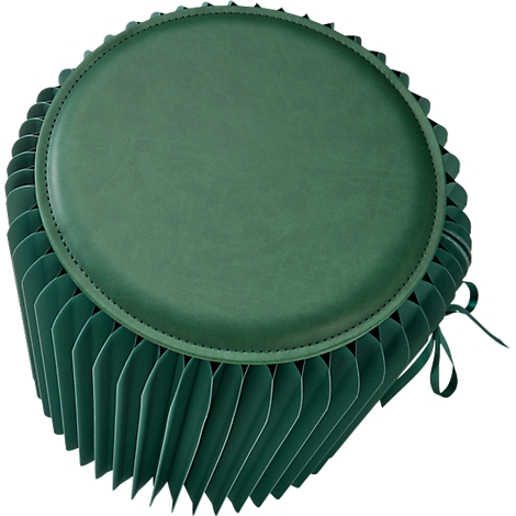 Tabouret vert et rond en matériau plié avec assise ronde et nœud.