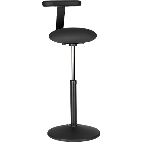 Tabouret noir avec assise ronde et dossier en T. Réglable en hauteur, avec base ronde.