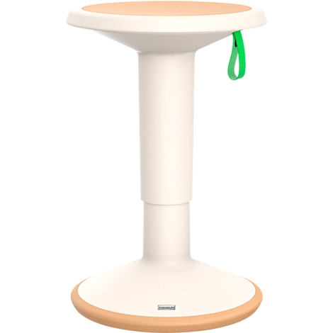 Tabouret debout beige avec assise et base beige. Une boucle verte est attachée sur le côté.