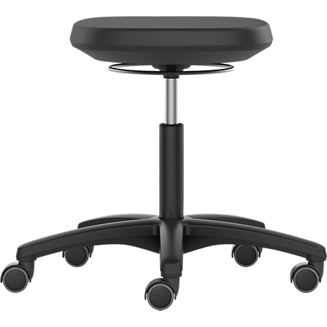 Taburete negro de altura ajustable con ruedas, detallado sobre fondo blanco.