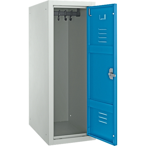 A white steel locker with an open blue door. Inside, there are coat hooks. The door has ventilation slots and a silver latch.