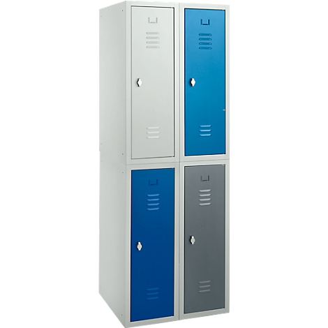 A four-compartment locker, two in blue, two in gray and white. Each door has a handle and ventilation slots.