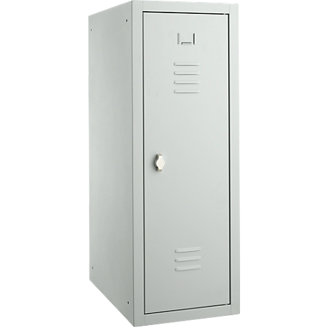 Grey cabinet with ventilation slots and handle.
