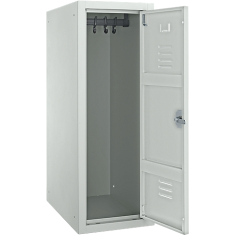 An empty, grey locker with an open door and hooks.