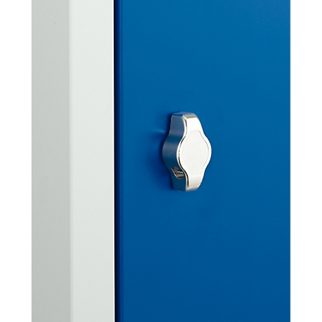 Close-up of a silver door knob on a blue cabinet door. The knob is slightly raised and rounded.