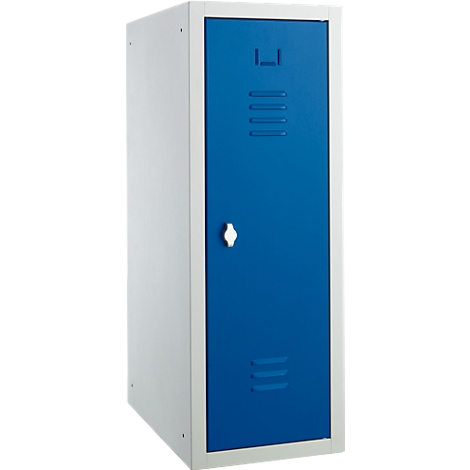 A free-standing blue locker with a white frame and door. The locker has a handle and ventilation slots.