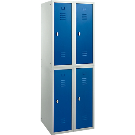 Blue and white cabinet with four doors, ventilation slots, and handles.