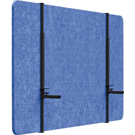 Blauw wandelement met zwarte beugels, zijaanzicht. Afgeronde hoeken. Vastgehouden door twee verticale staven.