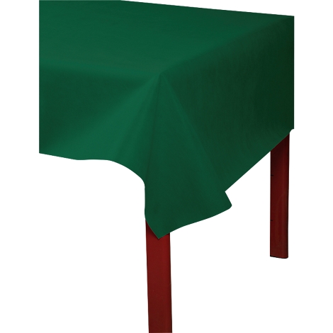 Groene tafelkleed op tafel. Rode tafelpoten ondersteunen de doek.
