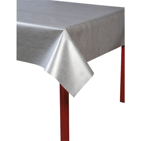 Zilverkleurig tafelkleed op een tafel met rode poten. Het tafelkleed is op de hoek opgetild.