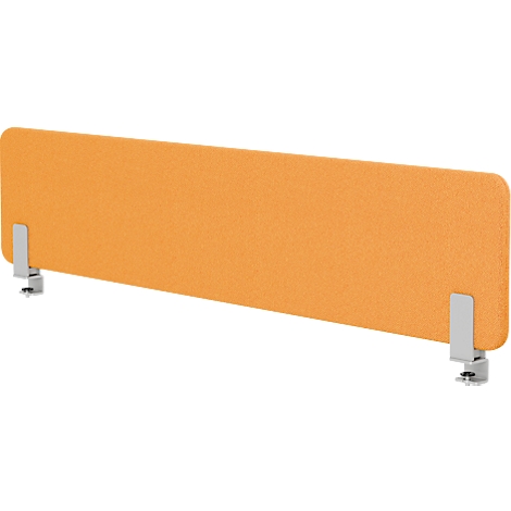 Oranje bureauscherm met twee zilveren klemmen.