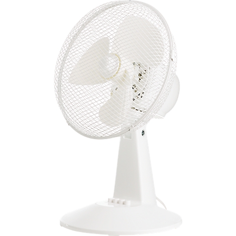 Witte tafelventilator, rooster- en blad detail, tegen witte achtergrond.