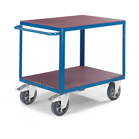 Blauwe trolley met twee niveaus, houten platen en vier wielen, met een handvat.