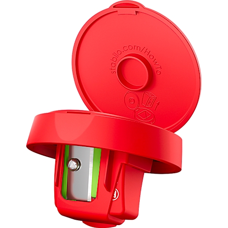 Taille-crayon rouge avec couvercle. Lame argentée et accents verts. Sur le couvercle, il est écrit stabilo.com/howto.