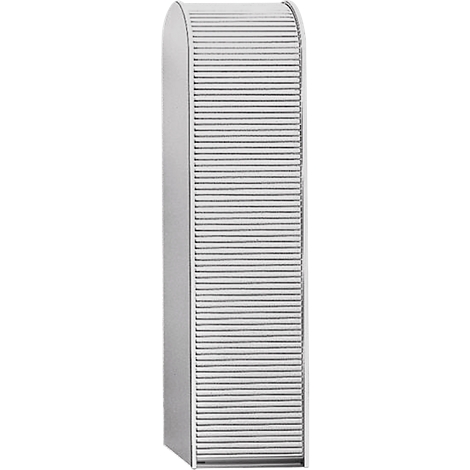 Gray cabinet with slatted doors, rounded top edge, vertical orientation.