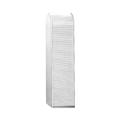 Tall white cabinet with slatted doors. Rounded top.