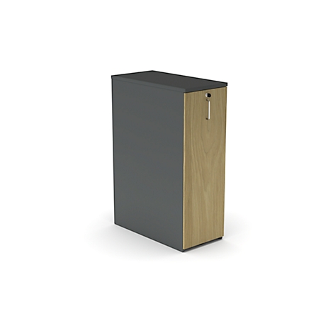 Tall cabinet, grey and wood-colored, with handle. Stands on a white background.