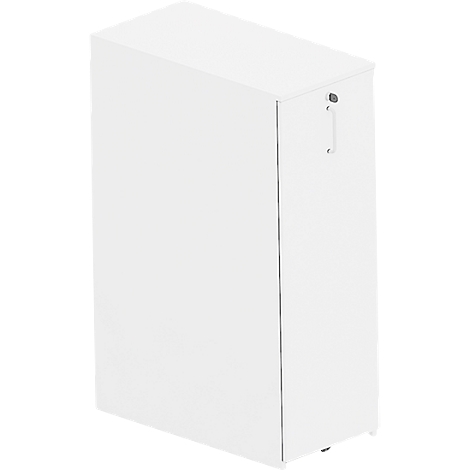 White, tall cabinet, with handle and lock.