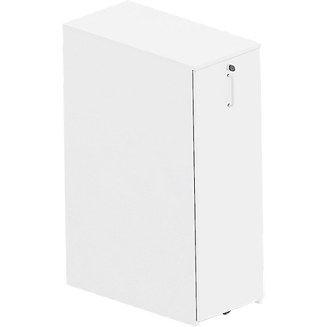 A white, tall cabinet with handle and lock, slightly angled. The shape is cuboid.