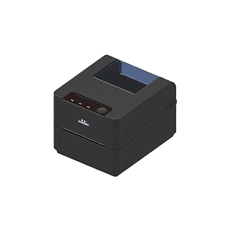 Schwarzer Etikettendrucker auf weißem Hintergrund. Oberseite mit Sichtfenster, Bedienfeld mit Tasten, Markenlogo.