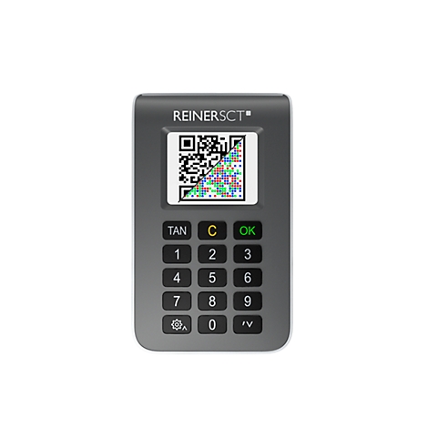 Graues Kartenlesegerät mit Tasten und einem QR-Code-Display. Der Text "REINER SCT" ist oben zu sehen.
