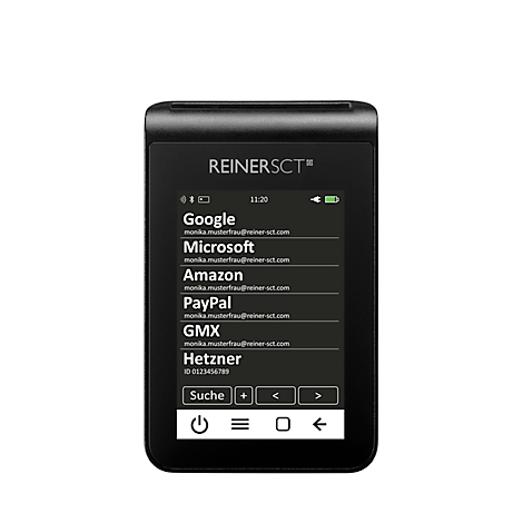 Schwarzes Gerät mit Bildschirm, REINER SCT Schriftzug, Listeneinträge: Google, Microsoft, Amazon, PayPal, GMX, Hetzner.