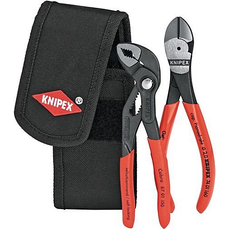 Zwarte gereedschapszak met rood logo en twee tangen met rode handvatten.