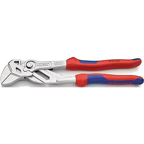 Twee Knipex waterpomptangen. Metalen tangen met rode en blauwe handgrepen, in detail te zien.
