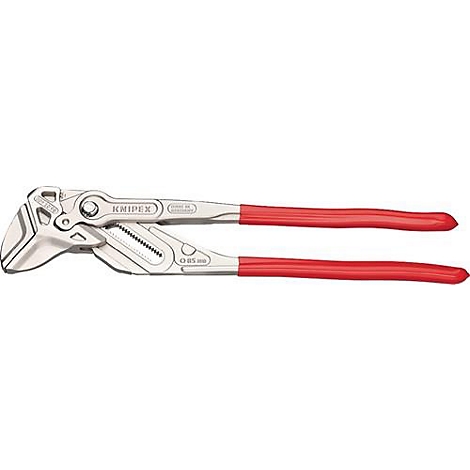 Knipex tang. Metaalkleurige kop met rode handgrepen. De merknaam is herkenbaar.