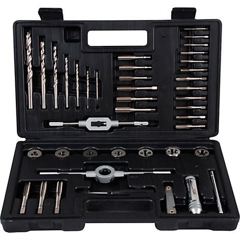 Black tool box with drill bits, taps, and screw tools.