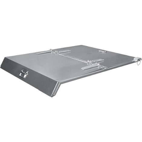 Placa de metal plateado con ganchos y cierres. La parte superior tiene varias bisagras para abrirla.