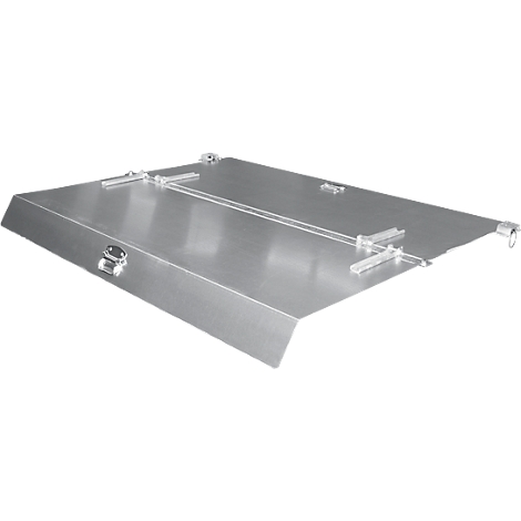 Placa metálica con bordes, clips y cierres. Plateada, rectangular con bordes biselados.