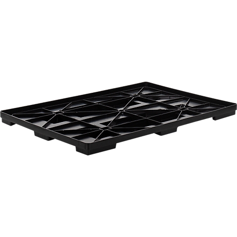 Bandeja de contención de derrames de plástico negro, rectangular, con estructura de rejilla y patas.