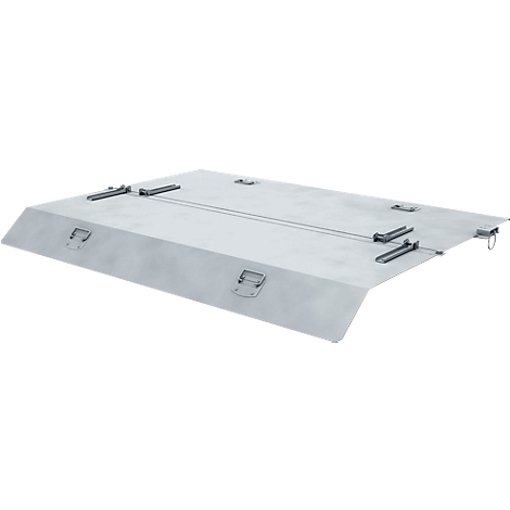 Tapa rectangular metálica con bisagras y asas, ligeramente inclinada.