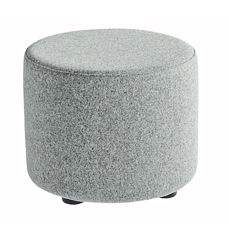 A round, gray fabric stool with three small black feet.