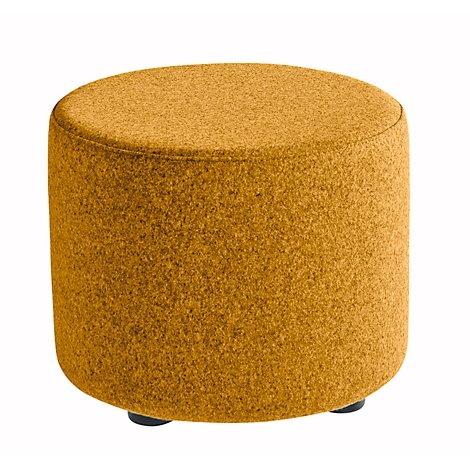 Round, ochre-colored stool with fabric cover, standing on three black feet.
