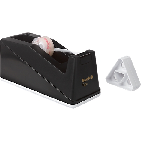 Black Scotch tape dispenser with white base and white triangle cutter. Tape roll visible, text.
